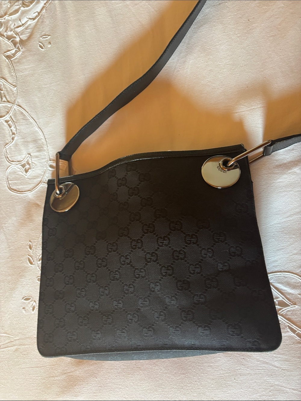 Gucci Black GG Monogram Shoulder Bag with Silver-Tone Discs